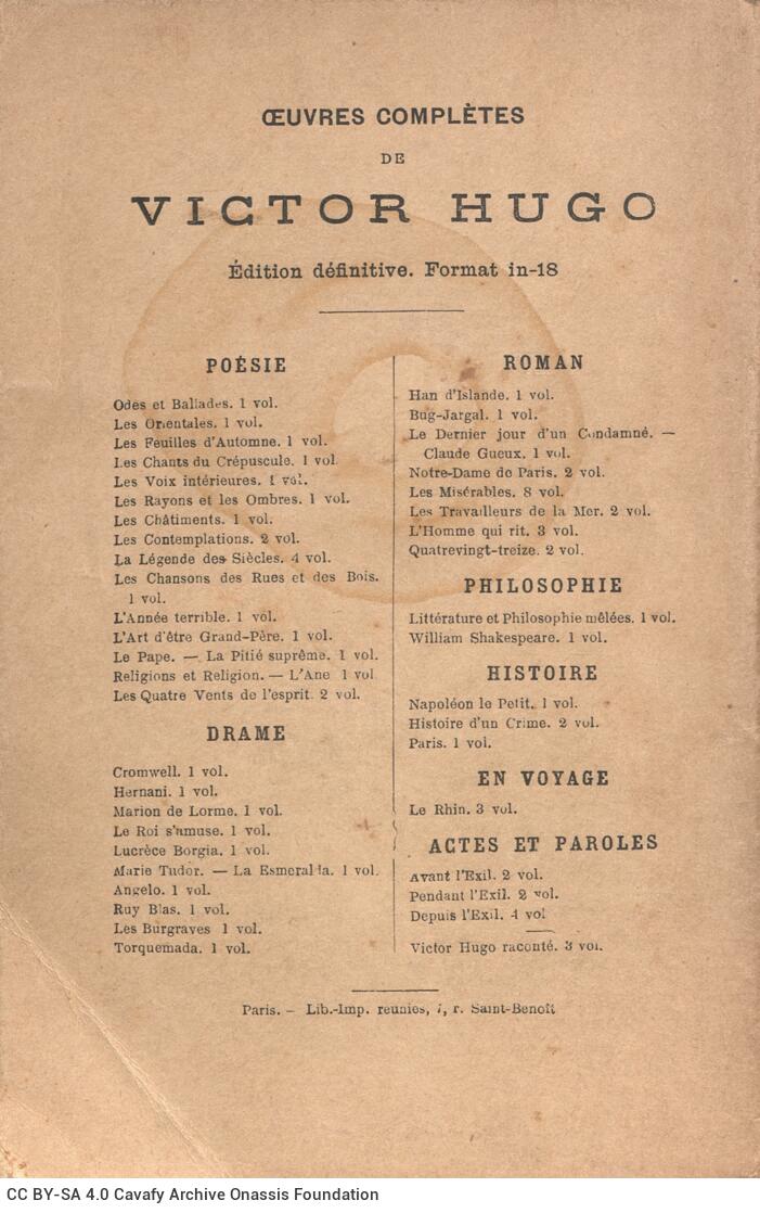 18.5 x 12 cm; 4 s.p. + 188 p., price of the book “2 francs” on its spine. L. 1 half-title page with information about the